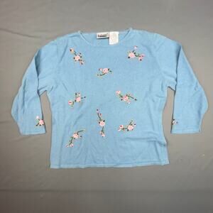 Vintage Capacity Blue Floral Embroidered Knit Sweater Medium Cottagecore